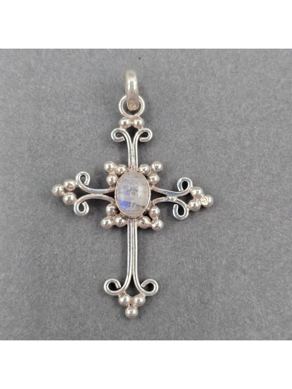 Vintage Sterling Silver Rainbow Moonstone Filigree Cross Gothic Pendant 1.75"